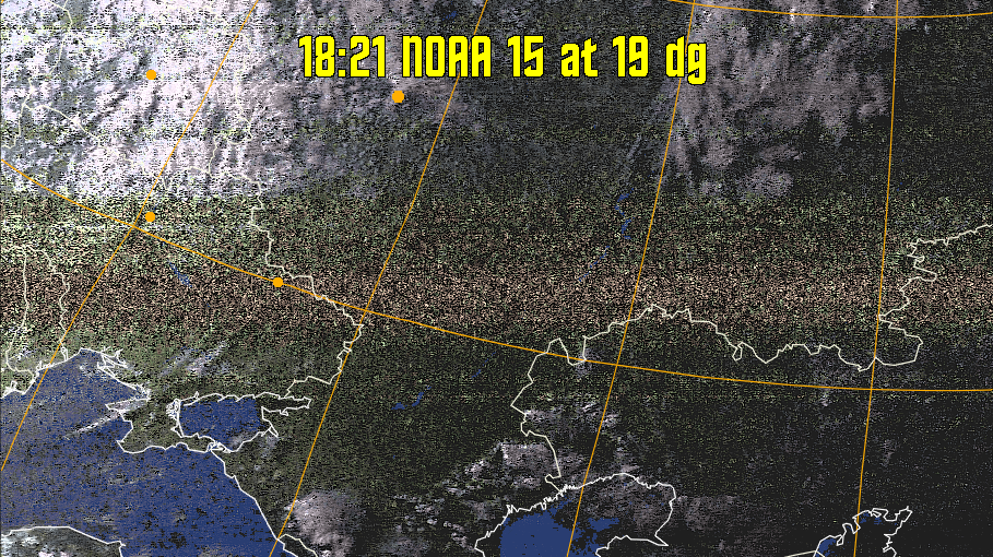HVCT:
Similar to HVC, but with blue water and with colours more indicative of
land temperatures.
HVC:
Creates a false colour image from NOAA APT images based on temperature using
the HVC colour model. Uses the temperature derived from the sensor 4 image to
select the hue and the brightness from the histogram equalised other image to
select the value and chroma. The HVC colour model attempts to ensure that different colours at the same value will appear to the eye to be the same brightness
and the spacing between colours representing each degree will appear to the eye to
be similar. Bright areas are completely unsaturated in this model.