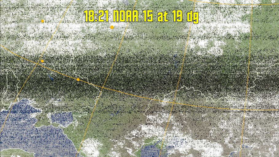 MCIR-precip: 
Colours the NOAA sensor 4 IR image using a map to colour the sea blue and land
green. High clouds appear white, lower clouds gray or land/sea coloured, clouds
generally appear lighter, but distinguishing between land/sea and low cloud may
be difficult. Darker colours indicate warmer regions.