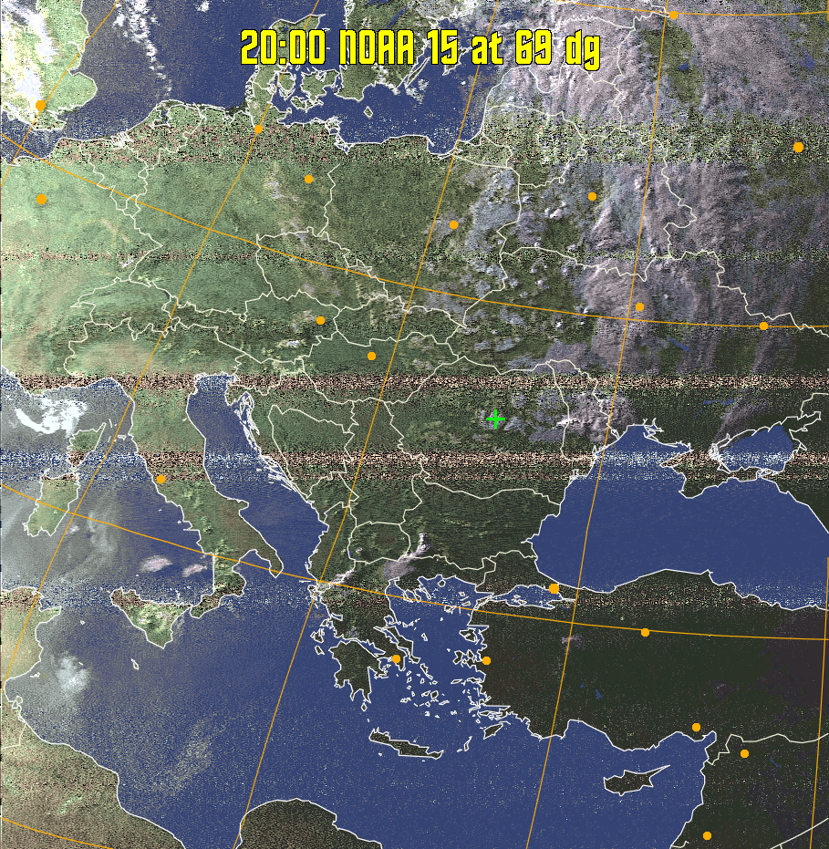 HVCT:
Similar to HVC, but with blue water and with colours more indicative of
land temperatures.
HVC:
Creates a false colour image from NOAA APT images based on temperature using
the HVC colour model. Uses the temperature derived from the sensor 4 image to
select the hue and the brightness from the histogram equalised other image to
select the value and chroma. The HVC colour model attempts to ensure that different colours at the same value will appear to the eye to be the same brightness
and the spacing between colours representing each degree will appear to the eye to
be similar. Bright areas are completely unsaturated in this model.