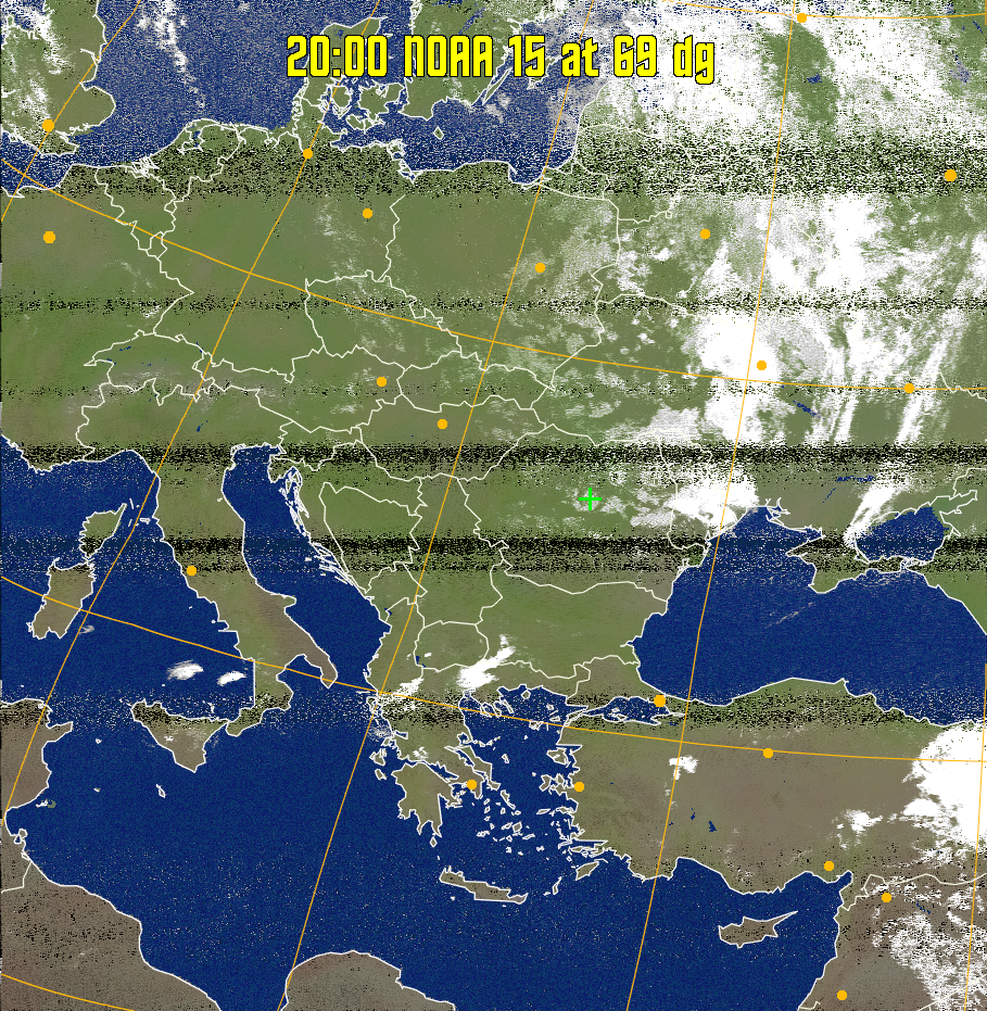 MCIR-precip: 
Colours the NOAA sensor 4 IR image using a map to colour the sea blue and land
green. High clouds appear white, lower clouds gray or land/sea coloured, clouds
generally appear lighter, but distinguishing between land/sea and low cloud may
be difficult. Darker colours indicate warmer regions.