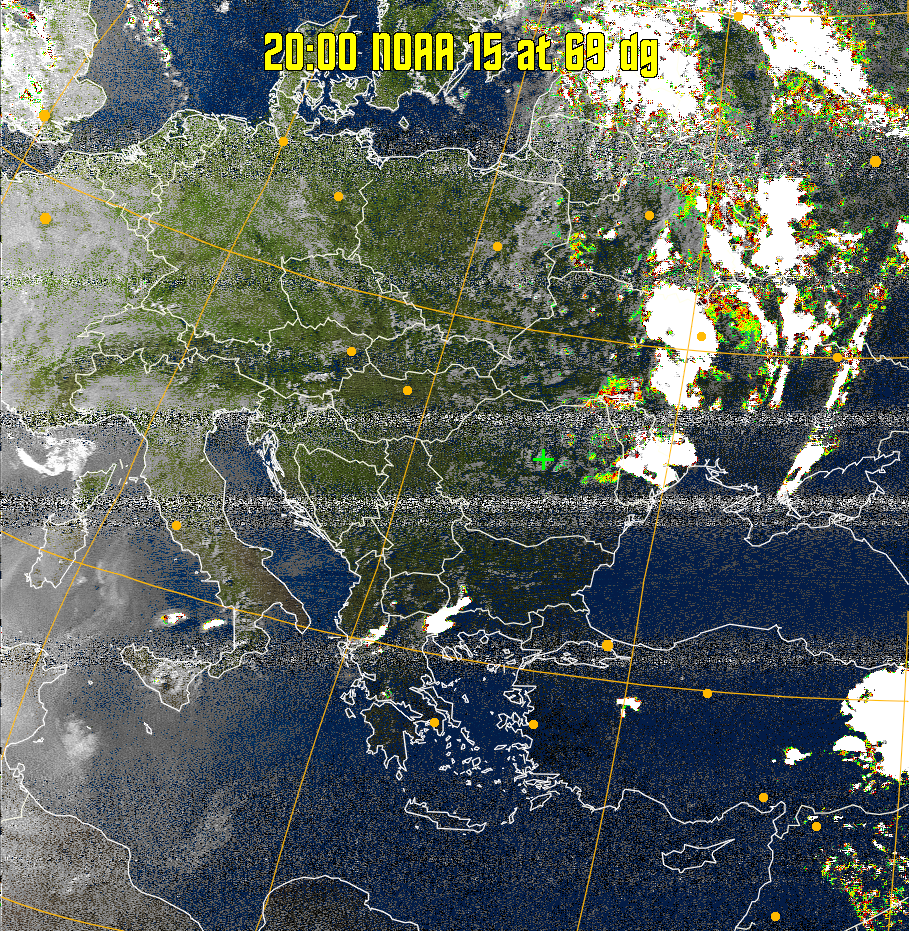 MSA-precip:
Same as MSA multispectral analysis, but high cold cloud tops are coloured the
same as the NO enhancement to give an approximate indication of the probability
and intensity of precipitation.