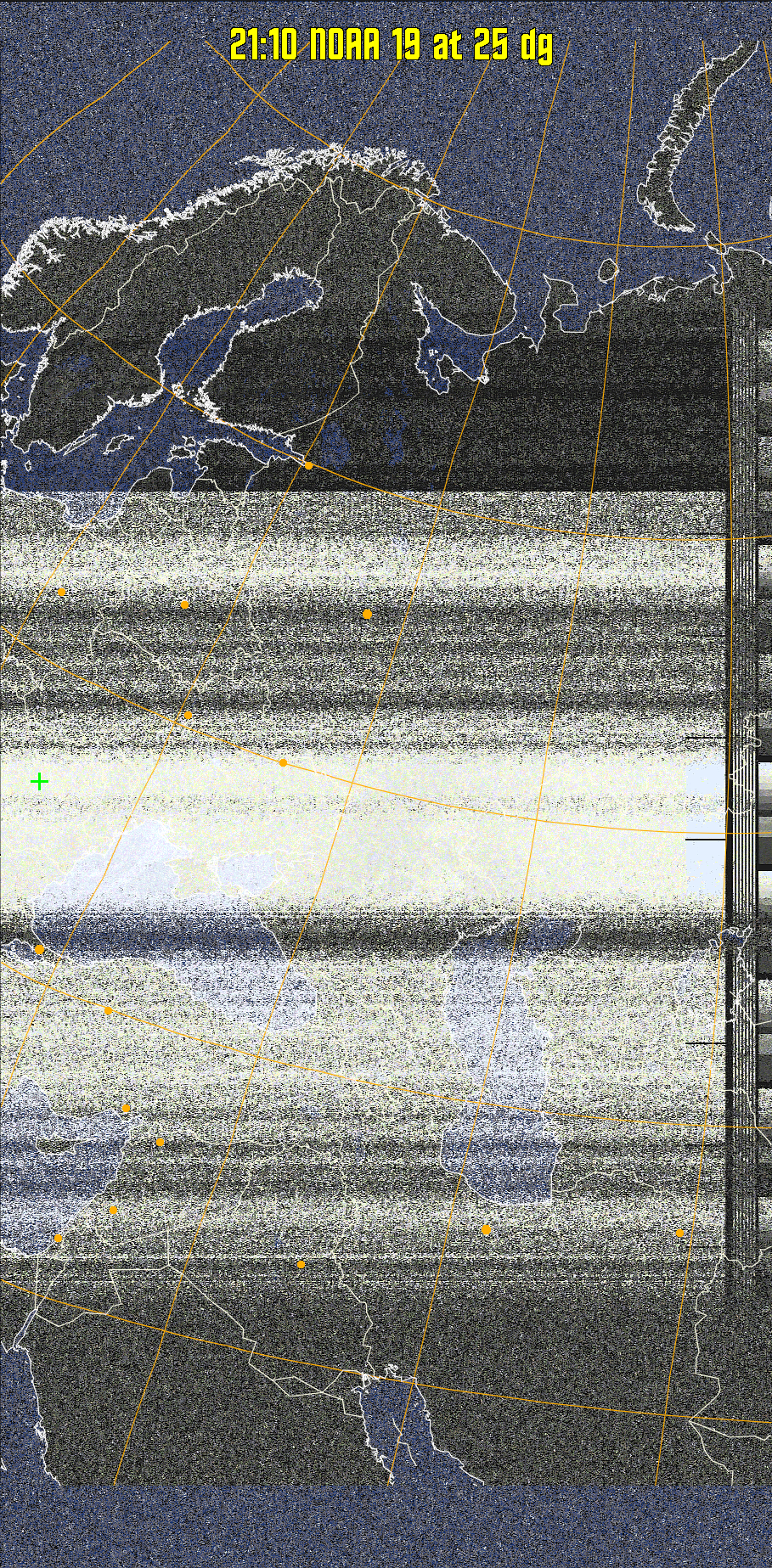 HVCT:
Similar to HVC, but with blue water and with colours more indicative of
land temperatures.
HVC:
Creates a false colour image from NOAA APT images based on temperature using
the HVC colour model. Uses the temperature derived from the sensor 4 image to
select the hue and the brightness from the histogram equalised other image to
select the value and chroma. The HVC colour model attempts to ensure that different colours at the same value will appear to the eye to be the same brightness
and the spacing between colours representing each degree will appear to the eye to
be similar. Bright areas are completely unsaturated in this model.
