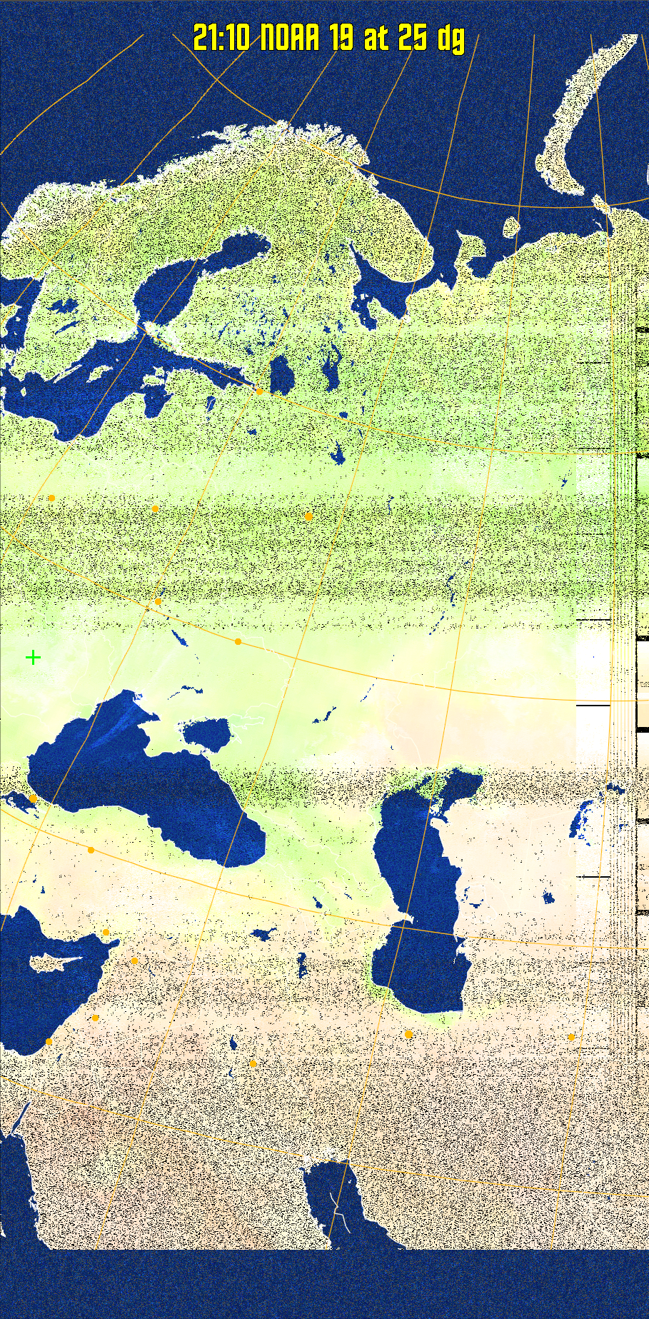 MCIR-precip: 
Colours the NOAA sensor 4 IR image using a map to colour the sea blue and land
green. High clouds appear white, lower clouds gray or land/sea coloured, clouds
generally appear lighter, but distinguishing between land/sea and low cloud may
be difficult. Darker colours indicate warmer regions.