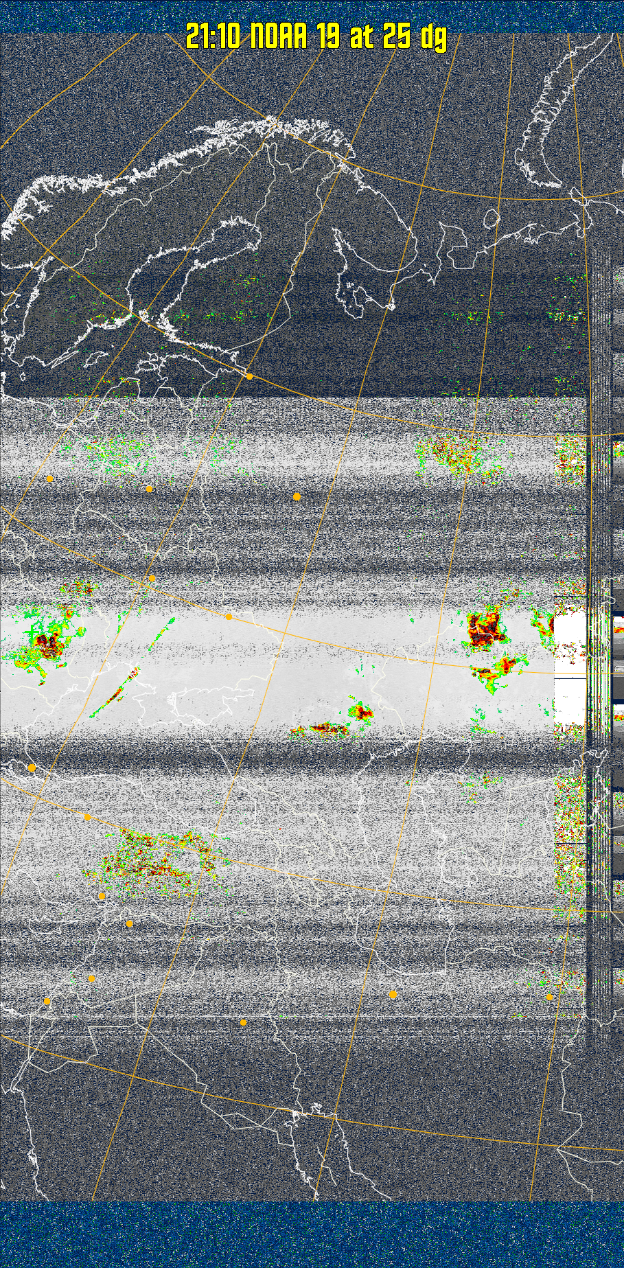 MSA-precip:
Same as MSA multispectral analysis, but high cold cloud tops are coloured the
same as the NO enhancement to give an approximate indication of the probability
and intensity of precipitation.
