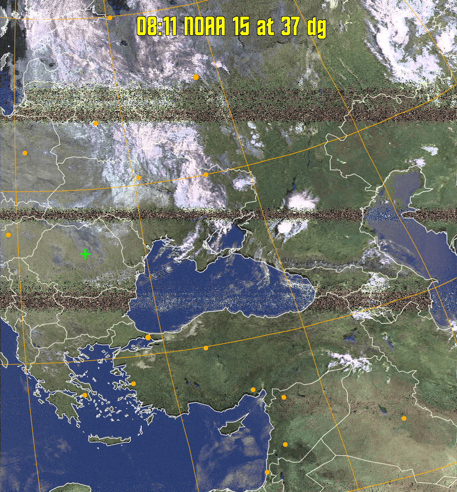 HVCT:
Similar to HVC, but with blue water and with colours more indicative of
land temperatures.
HVC:
Creates a false colour image from NOAA APT images based on temperature using
the HVC colour model. Uses the temperature derived from the sensor 4 image to
select the hue and the brightness from the histogram equalised other image to
select the value and chroma. The HVC colour model attempts to ensure that different colours at the same value will appear to the eye to be the same brightness
and the spacing between colours representing each degree will appear to the eye to
be similar. Bright areas are completely unsaturated in this model.