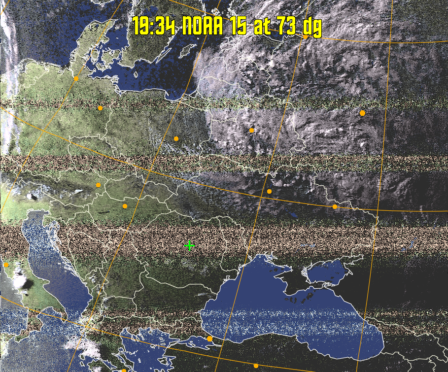 HVCT:
Similar to HVC, but with blue water and with colours more indicative of
land temperatures.
HVC:
Creates a false colour image from NOAA APT images based on temperature using
the HVC colour model. Uses the temperature derived from the sensor 4 image to
select the hue and the brightness from the histogram equalised other image to
select the value and chroma. The HVC colour model attempts to ensure that different colours at the same value will appear to the eye to be the same brightness
and the spacing between colours representing each degree will appear to the eye to
be similar. Bright areas are completely unsaturated in this model.