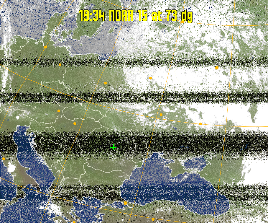 MCIR-precip: 
Colours the NOAA sensor 4 IR image using a map to colour the sea blue and land
green. High clouds appear white, lower clouds gray or land/sea coloured, clouds
generally appear lighter, but distinguishing between land/sea and low cloud may
be difficult. Darker colours indicate warmer regions.