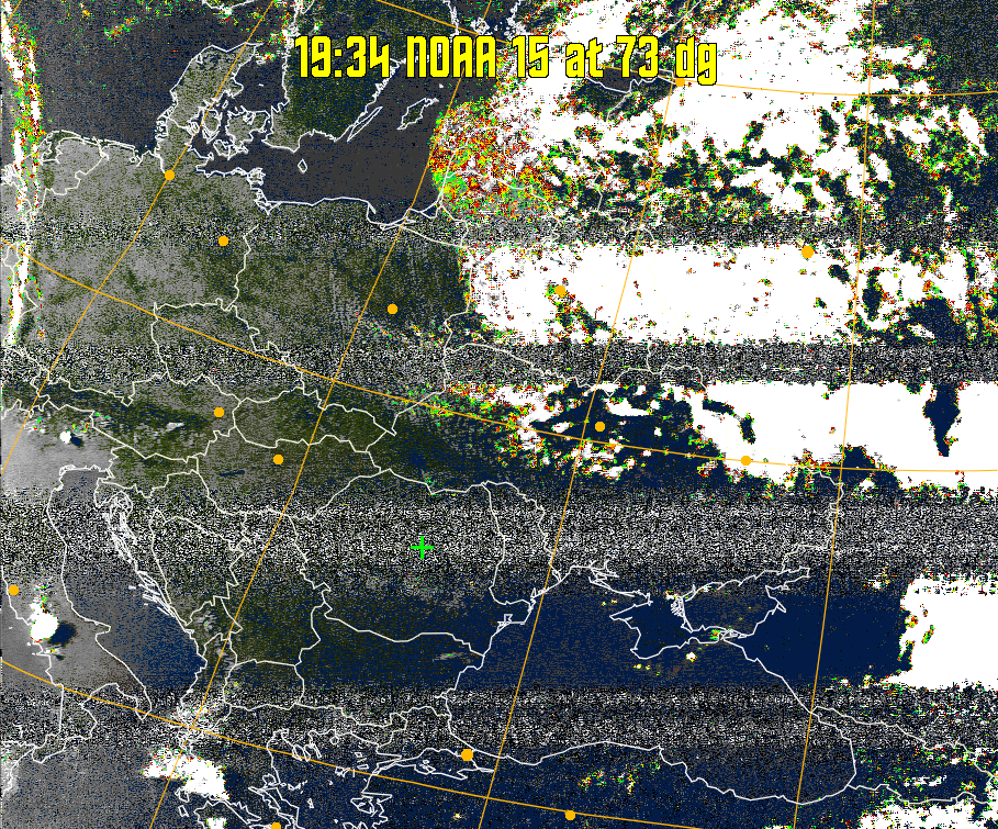 MSA-precip:
Same as MSA multispectral analysis, but high cold cloud tops are coloured the
same as the NO enhancement to give an approximate indication of the probability
and intensity of precipitation.