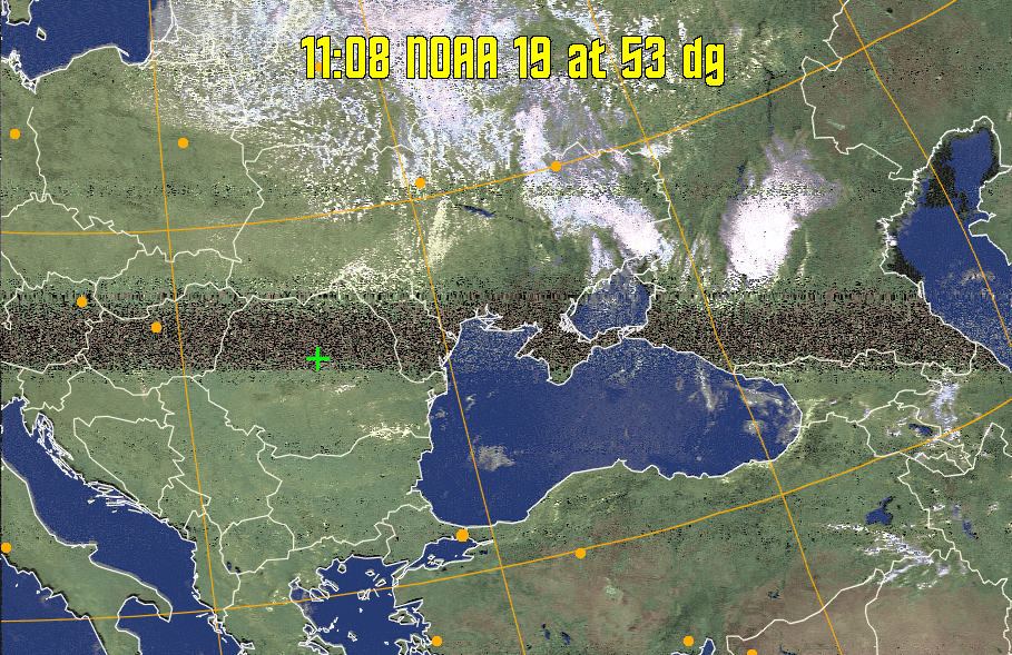 HVCT:
Similar to HVC, but with blue water and with colours more indicative of
land temperatures.
HVC:
Creates a false colour image from NOAA APT images based on temperature using
the HVC colour model. Uses the temperature derived from the sensor 4 image to
select the hue and the brightness from the histogram equalised other image to
select the value and chroma. The HVC colour model attempts to ensure that different colours at the same value will appear to the eye to be the same brightness
and the spacing between colours representing each degree will appear to the eye to
be similar. Bright areas are completely unsaturated in this model.
