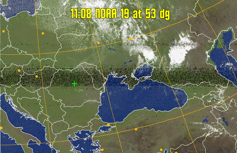 MCIR-precip: 
Colours the NOAA sensor 4 IR image using a map to colour the sea blue and land
green. High clouds appear white, lower clouds gray or land/sea coloured, clouds
generally appear lighter, but distinguishing between land/sea and low cloud may
be difficult. Darker colours indicate warmer regions.
