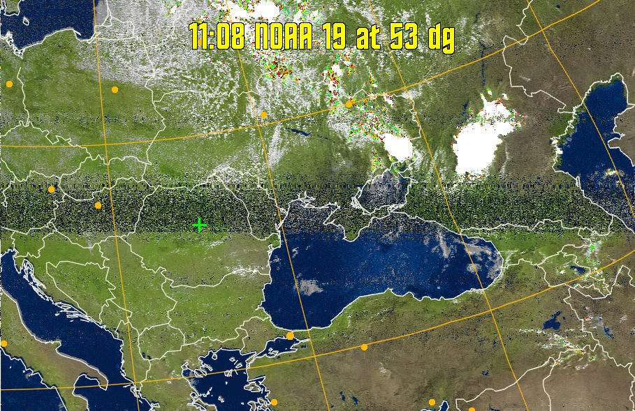MSA-precip:
Same as MSA multispectral analysis, but high cold cloud tops are coloured the
same as the NO enhancement to give an approximate indication of the probability
and intensity of precipitation.