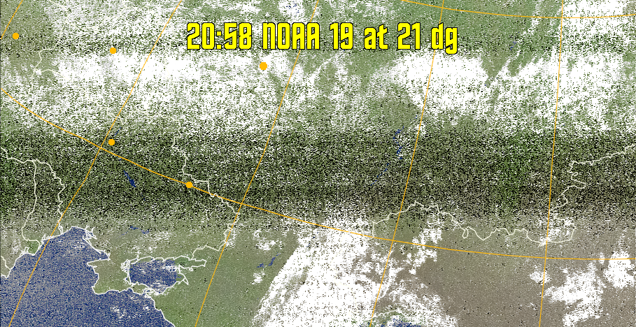 MCIR-precip: 
Colours the NOAA sensor 4 IR image using a map to colour the sea blue and land
green. High clouds appear white, lower clouds gray or land/sea coloured, clouds
generally appear lighter, but distinguishing between land/sea and low cloud may
be difficult. Darker colours indicate warmer regions.