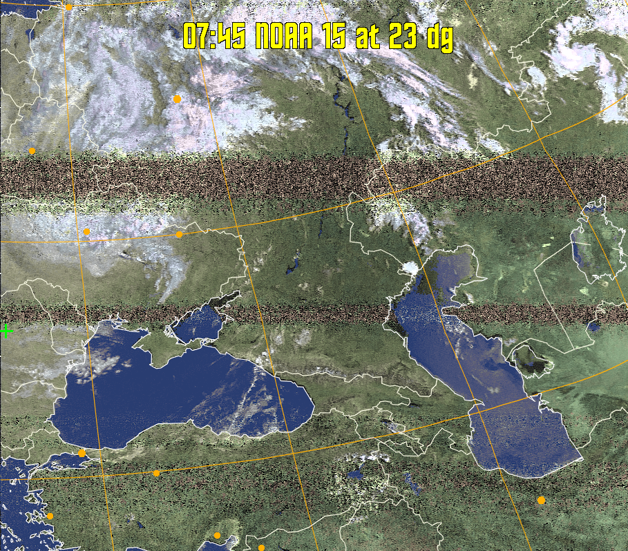 HVCT:
Similar to HVC, but with blue water and with colours more indicative of
land temperatures.
HVC:
Creates a false colour image from NOAA APT images based on temperature using
the HVC colour model. Uses the temperature derived from the sensor 4 image to
select the hue and the brightness from the histogram equalised other image to
select the value and chroma. The HVC colour model attempts to ensure that different colours at the same value will appear to the eye to be the same brightness
and the spacing between colours representing each degree will appear to the eye to
be similar. Bright areas are completely unsaturated in this model.