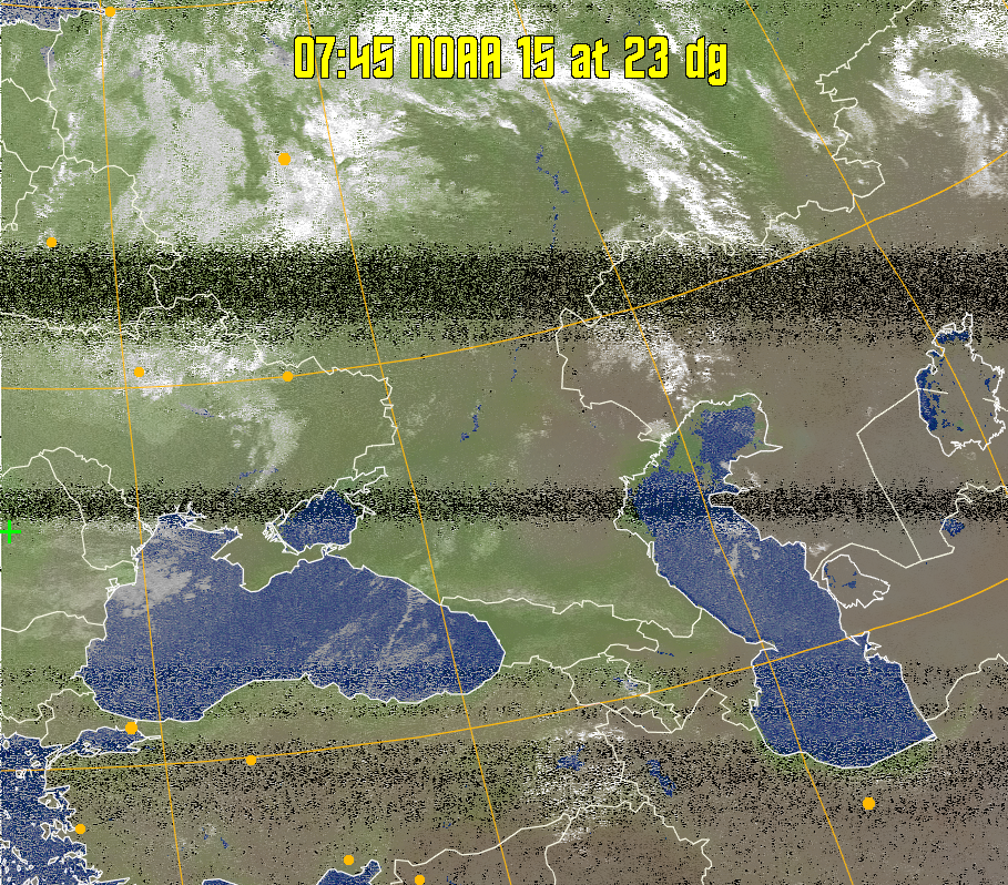 MCIR-precip: 
Colours the NOAA sensor 4 IR image using a map to colour the sea blue and land
green. High clouds appear white, lower clouds gray or land/sea coloured, clouds
generally appear lighter, but distinguishing between land/sea and low cloud may
be difficult. Darker colours indicate warmer regions.