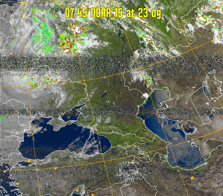 MSA-precip:
Same as MSA multispectral analysis, but high cold cloud tops are coloured the
same as the NO enhancement to give an approximate indication of the probability
and intensity of precipitation.