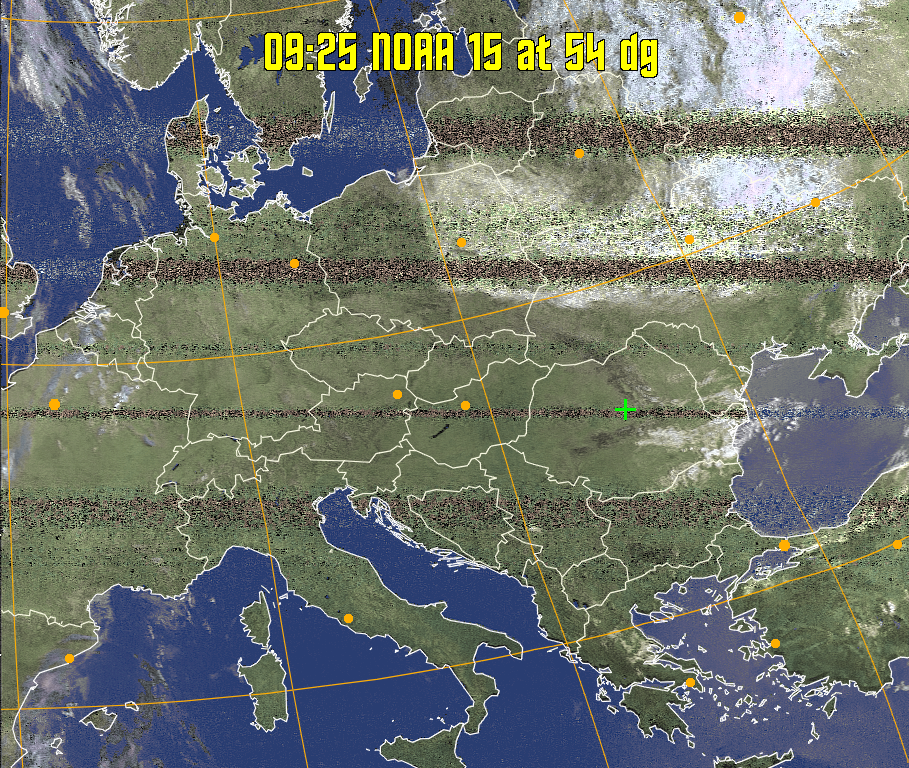 HVCT:
Similar to HVC, but with blue water and with colours more indicative of
land temperatures.
HVC:
Creates a false colour image from NOAA APT images based on temperature using
the HVC colour model. Uses the temperature derived from the sensor 4 image to
select the hue and the brightness from the histogram equalised other image to
select the value and chroma. The HVC colour model attempts to ensure that different colours at the same value will appear to the eye to be the same brightness
and the spacing between colours representing each degree will appear to the eye to
be similar. Bright areas are completely unsaturated in this model.