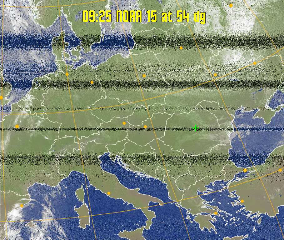 MCIR-precip: 
Colours the NOAA sensor 4 IR image using a map to colour the sea blue and land
green. High clouds appear white, lower clouds gray or land/sea coloured, clouds
generally appear lighter, but distinguishing between land/sea and low cloud may
be difficult. Darker colours indicate warmer regions.
