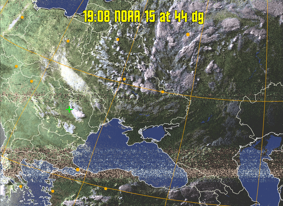 HVCT:
Similar to HVC, but with blue water and with colours more indicative of
land temperatures.
HVC:
Creates a false colour image from NOAA APT images based on temperature using
the HVC colour model. Uses the temperature derived from the sensor 4 image to
select the hue and the brightness from the histogram equalised other image to
select the value and chroma. The HVC colour model attempts to ensure that different colours at the same value will appear to the eye to be the same brightness
and the spacing between colours representing each degree will appear to the eye to
be similar. Bright areas are completely unsaturated in this model.