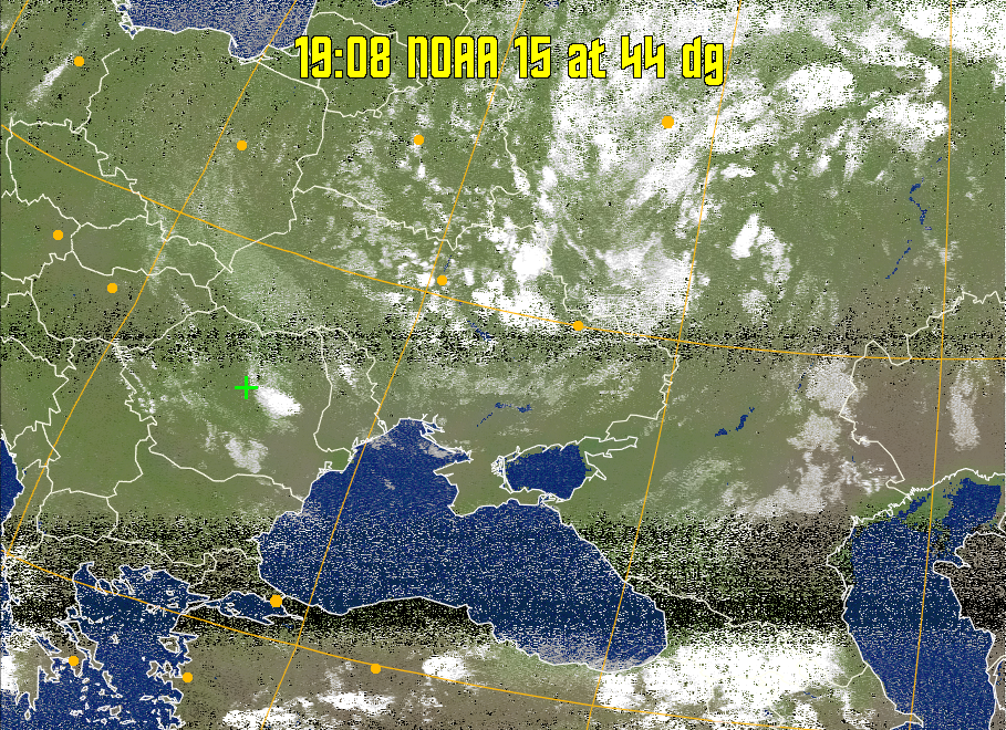 MCIR-precip: 
Colours the NOAA sensor 4 IR image using a map to colour the sea blue and land
green. High clouds appear white, lower clouds gray or land/sea coloured, clouds
generally appear lighter, but distinguishing between land/sea and low cloud may
be difficult. Darker colours indicate warmer regions.