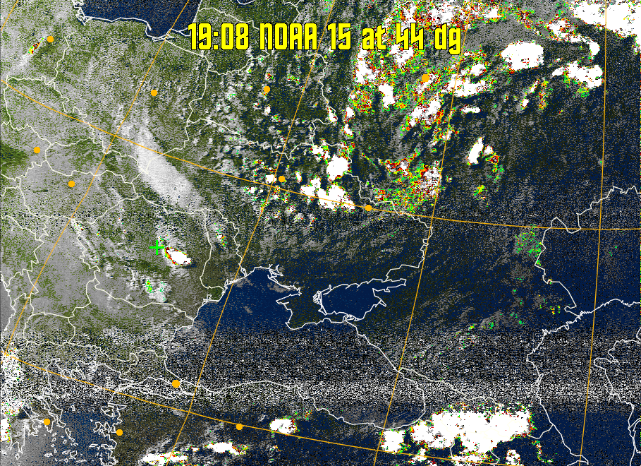 MSA-precip:
Same as MSA multispectral analysis, but high cold cloud tops are coloured the
same as the NO enhancement to give an approximate indication of the probability
and intensity of precipitation.