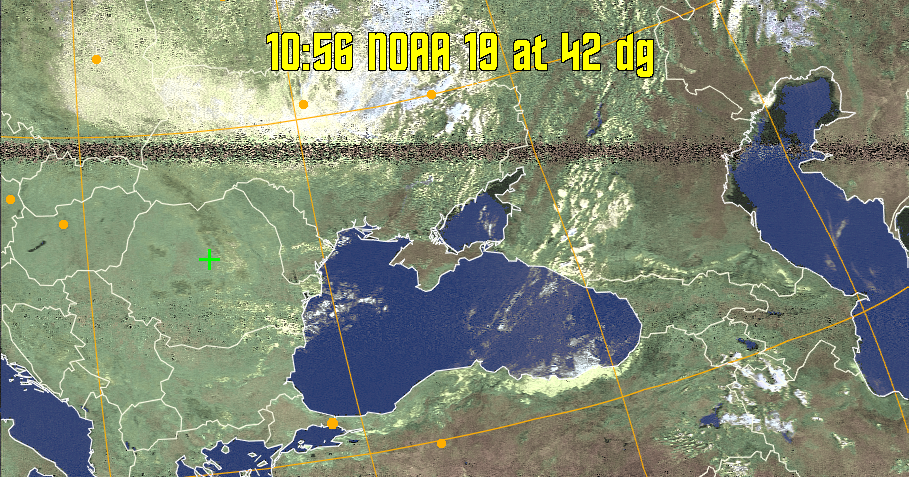 HVCT:
Similar to HVC, but with blue water and with colours more indicative of
land temperatures.
HVC:
Creates a false colour image from NOAA APT images based on temperature using
the HVC colour model. Uses the temperature derived from the sensor 4 image to
select the hue and the brightness from the histogram equalised other image to
select the value and chroma. The HVC colour model attempts to ensure that different colours at the same value will appear to the eye to be the same brightness
and the spacing between colours representing each degree will appear to the eye to
be similar. Bright areas are completely unsaturated in this model.