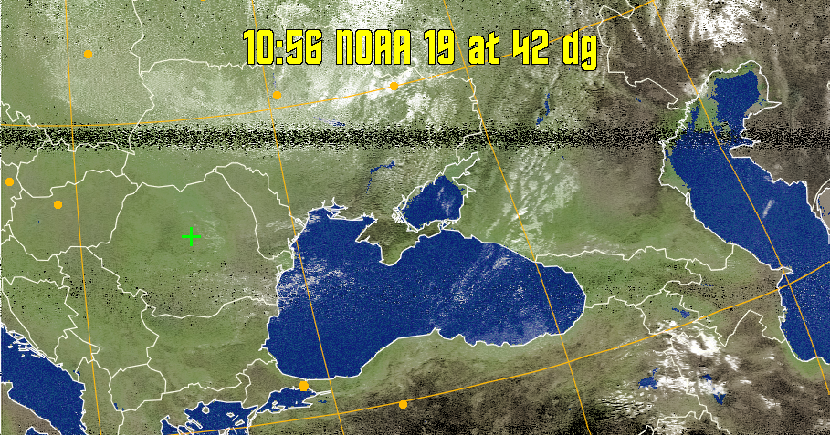 MCIR-precip: 
Colours the NOAA sensor 4 IR image using a map to colour the sea blue and land
green. High clouds appear white, lower clouds gray or land/sea coloured, clouds
generally appear lighter, but distinguishing between land/sea and low cloud may
be difficult. Darker colours indicate warmer regions.