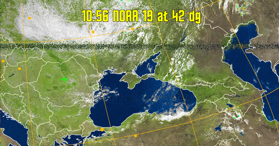 MSA-precip:
Same as MSA multispectral analysis, but high cold cloud tops are coloured the
same as the NO enhancement to give an approximate indication of the probability
and intensity of precipitation.