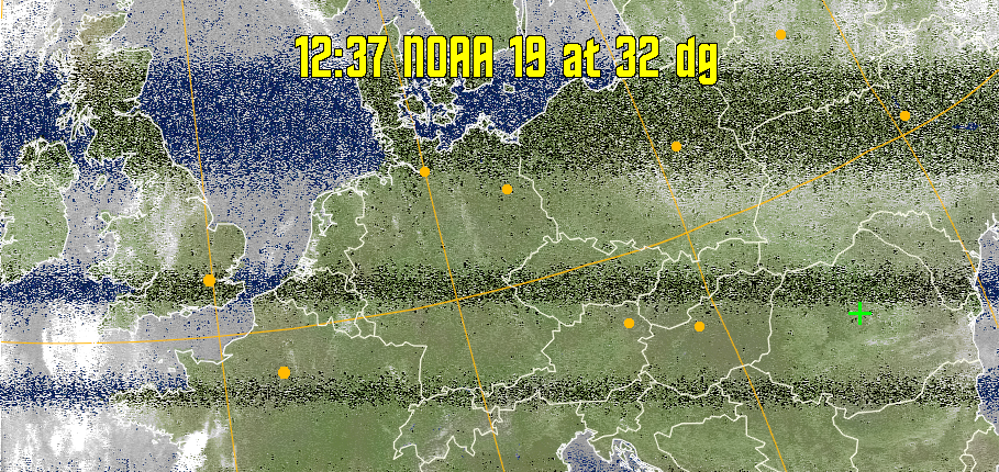 MCIR-precip: 
Colours the NOAA sensor 4 IR image using a map to colour the sea blue and land
green. High clouds appear white, lower clouds gray or land/sea coloured, clouds
generally appear lighter, but distinguishing between land/sea and low cloud may
be difficult. Darker colours indicate warmer regions.