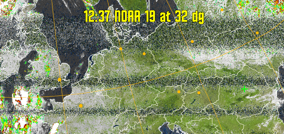 MSA-precip:
Same as MSA multispectral analysis, but high cold cloud tops are coloured the
same as the NO enhancement to give an approximate indication of the probability
and intensity of precipitation.