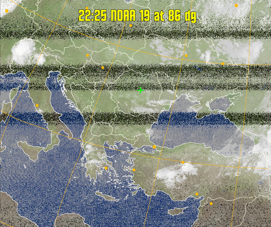 MCIR-precip: 
Colours the NOAA sensor 4 IR image using a map to colour the sea blue and land
green. High clouds appear white, lower clouds gray or land/sea coloured, clouds
generally appear lighter, but distinguishing between land/sea and low cloud may
be difficult. Darker colours indicate warmer regions.