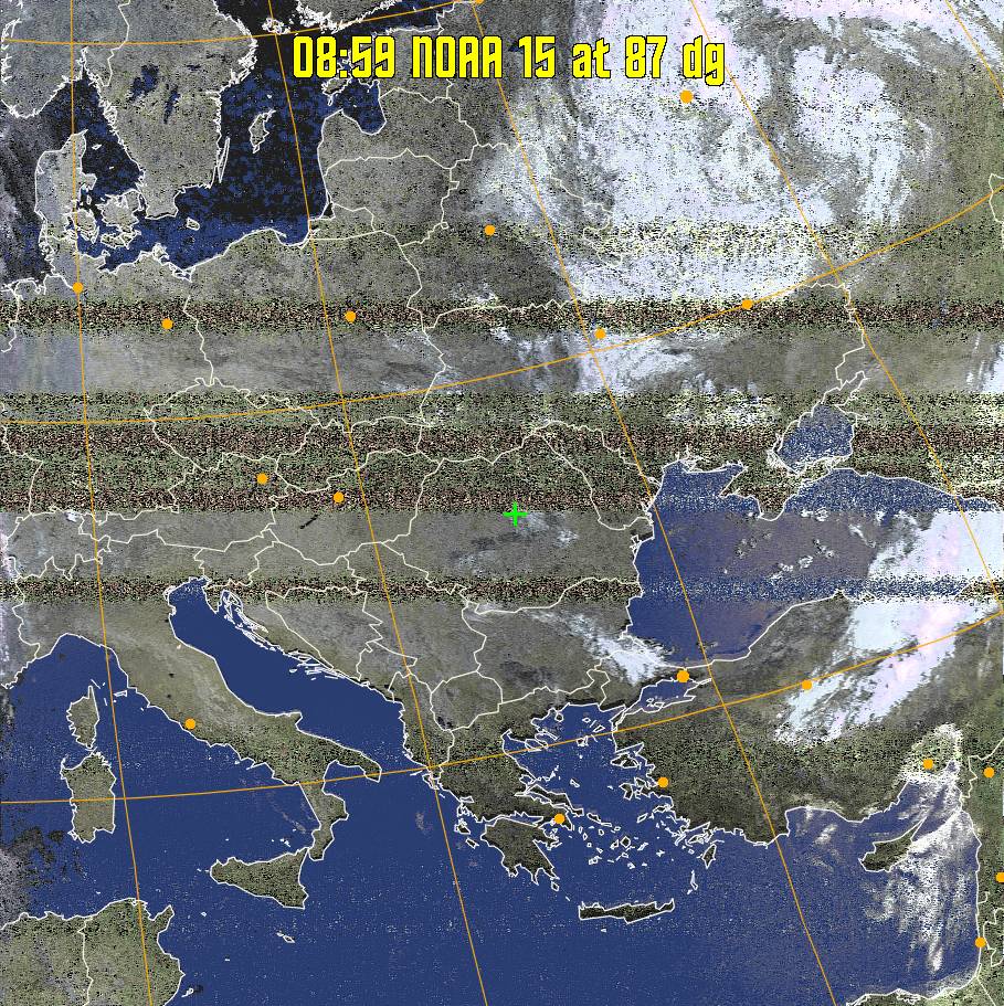 HVCT:
Similar to HVC, but with blue water and with colours more indicative of
land temperatures.
HVC:
Creates a false colour image from NOAA APT images based on temperature using
the HVC colour model. Uses the temperature derived from the sensor 4 image to
select the hue and the brightness from the histogram equalised other image to
select the value and chroma. The HVC colour model attempts to ensure that different colours at the same value will appear to the eye to be the same brightness
and the spacing between colours representing each degree will appear to the eye to
be similar. Bright areas are completely unsaturated in this model.