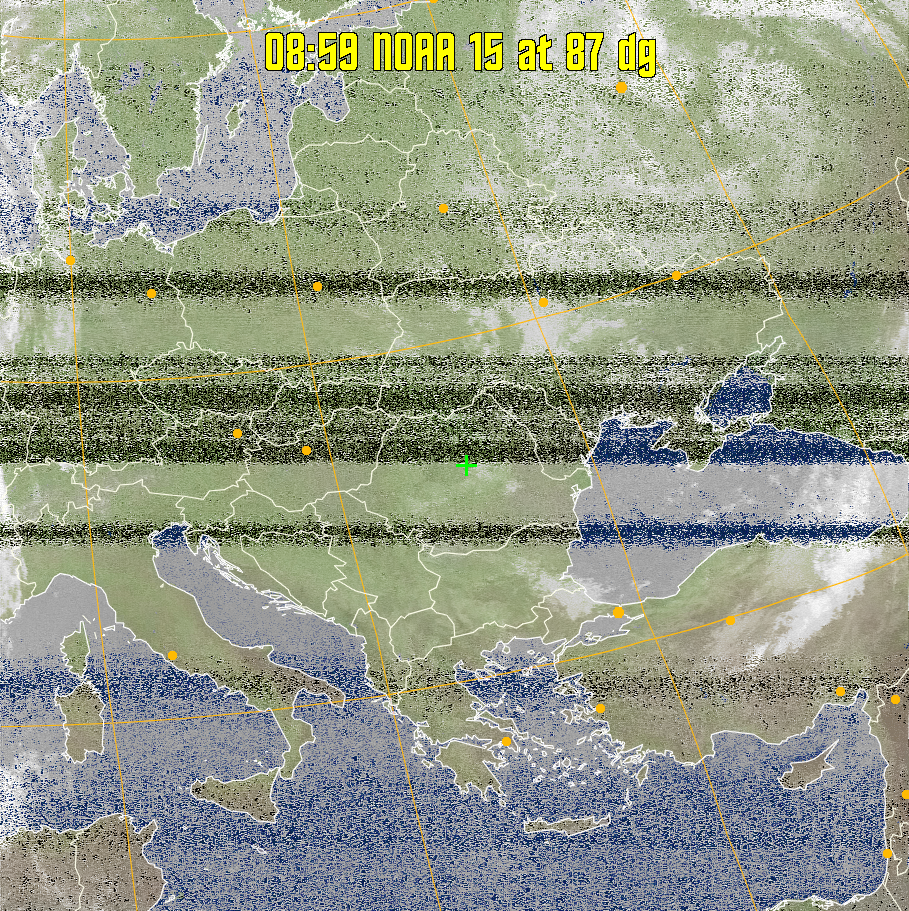 MCIR-precip: 
Colours the NOAA sensor 4 IR image using a map to colour the sea blue and land
green. High clouds appear white, lower clouds gray or land/sea coloured, clouds
generally appear lighter, but distinguishing between land/sea and low cloud may
be difficult. Darker colours indicate warmer regions.