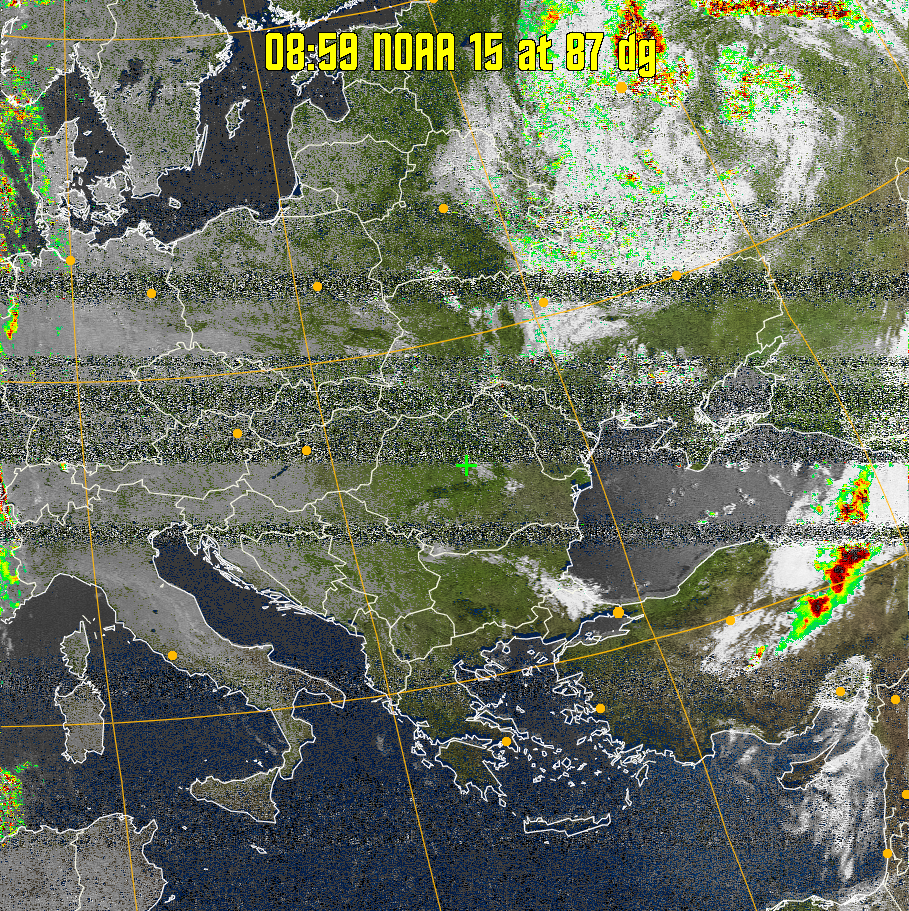 MSA-precip:
Same as MSA multispectral analysis, but high cold cloud tops are coloured the
same as the NO enhancement to give an approximate indication of the probability
and intensity of precipitation.