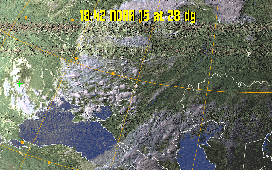 HVCT:
Similar to HVC, but with blue water and with colours more indicative of
land temperatures.
HVC:
Creates a false colour image from NOAA APT images based on temperature using
the HVC colour model. Uses the temperature derived from the sensor 4 image to
select the hue and the brightness from the histogram equalised other image to
select the value and chroma. The HVC colour model attempts to ensure that different colours at the same value will appear to the eye to be the same brightness
and the spacing between colours representing each degree will appear to the eye to
be similar. Bright areas are completely unsaturated in this model.