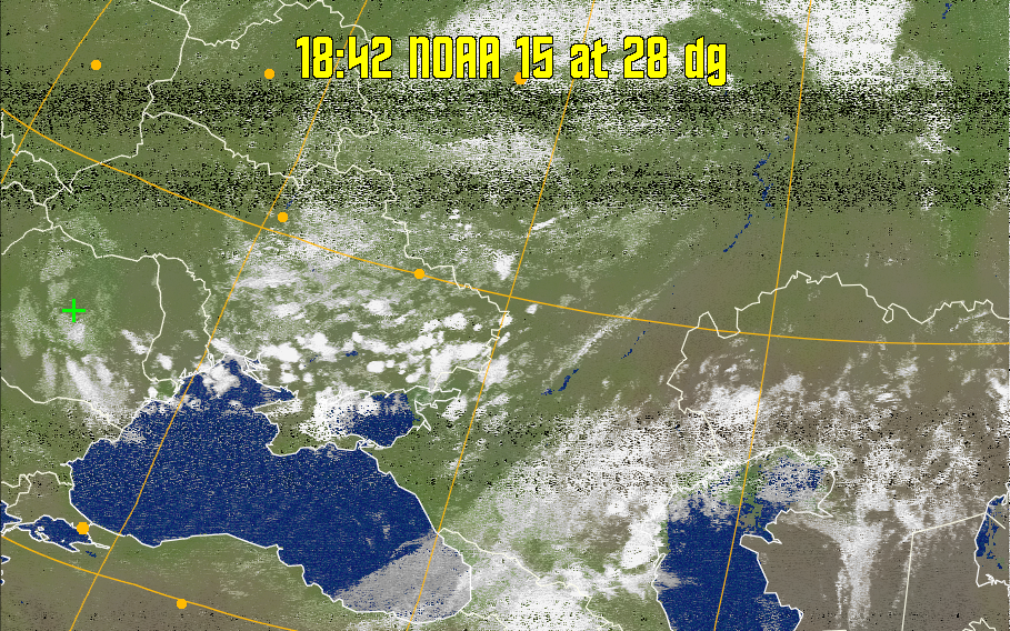 MCIR-precip: 
Colours the NOAA sensor 4 IR image using a map to colour the sea blue and land
green. High clouds appear white, lower clouds gray or land/sea coloured, clouds
generally appear lighter, but distinguishing between land/sea and low cloud may
be difficult. Darker colours indicate warmer regions.
