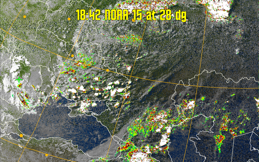 MSA-precip:
Same as MSA multispectral analysis, but high cold cloud tops are coloured the
same as the NO enhancement to give an approximate indication of the probability
and intensity of precipitation.