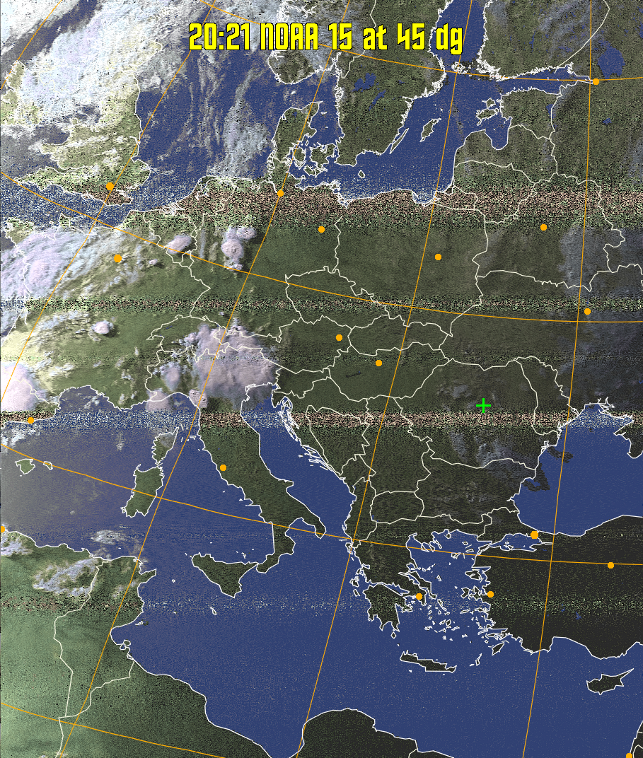 HVCT:
Similar to HVC, but with blue water and with colours more indicative of
land temperatures.
HVC:
Creates a false colour image from NOAA APT images based on temperature using
the HVC colour model. Uses the temperature derived from the sensor 4 image to
select the hue and the brightness from the histogram equalised other image to
select the value and chroma. The HVC colour model attempts to ensure that different colours at the same value will appear to the eye to be the same brightness
and the spacing between colours representing each degree will appear to the eye to
be similar. Bright areas are completely unsaturated in this model.