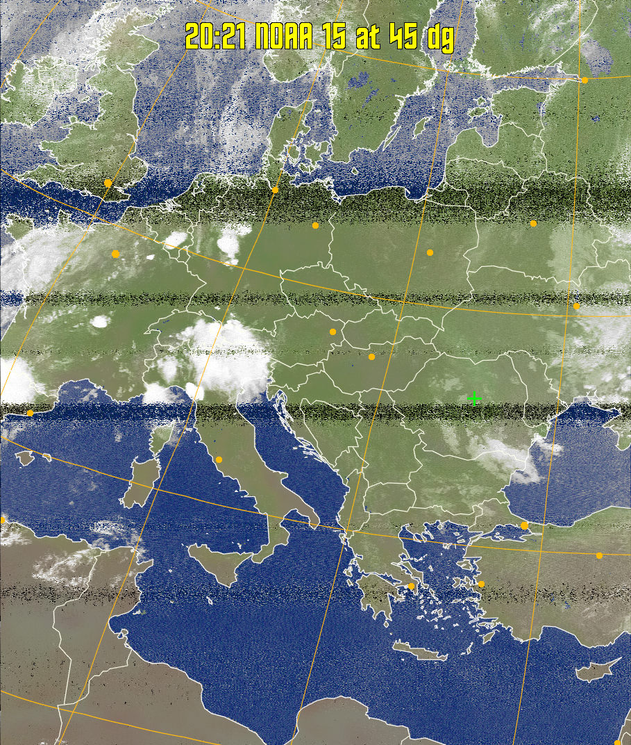 MCIR-precip: 
Colours the NOAA sensor 4 IR image using a map to colour the sea blue and land
green. High clouds appear white, lower clouds gray or land/sea coloured, clouds
generally appear lighter, but distinguishing between land/sea and low cloud may
be difficult. Darker colours indicate warmer regions.
