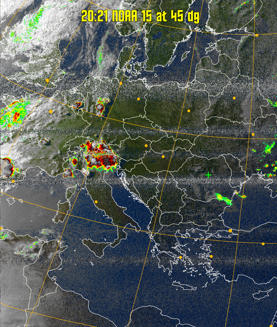 MSA-precip:
Same as MSA multispectral analysis, but high cold cloud tops are coloured the
same as the NO enhancement to give an approximate indication of the probability
and intensity of precipitation.