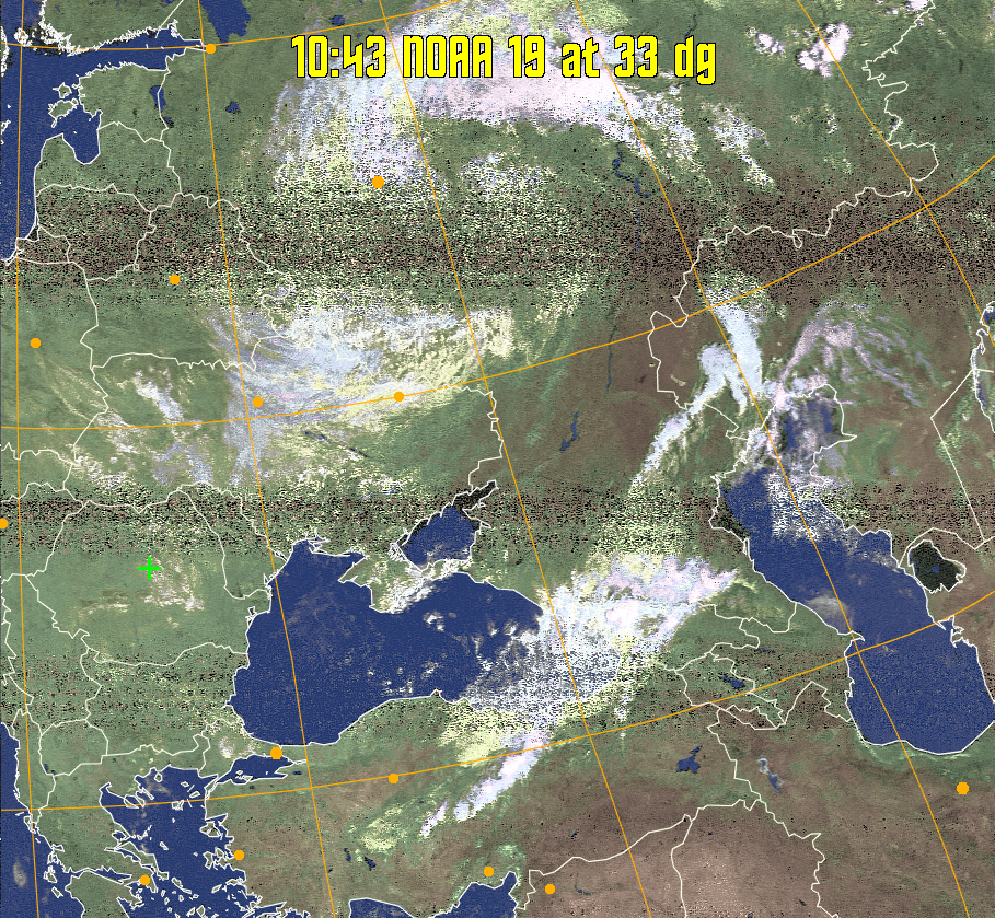 HVCT:
Similar to HVC, but with blue water and with colours more indicative of
land temperatures.
HVC:
Creates a false colour image from NOAA APT images based on temperature using
the HVC colour model. Uses the temperature derived from the sensor 4 image to
select the hue and the brightness from the histogram equalised other image to
select the value and chroma. The HVC colour model attempts to ensure that different colours at the same value will appear to the eye to be the same brightness
and the spacing between colours representing each degree will appear to the eye to
be similar. Bright areas are completely unsaturated in this model.