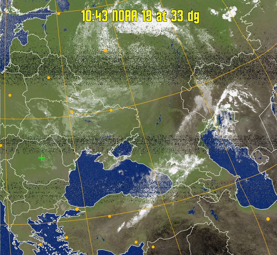 MCIR-precip: 
Colours the NOAA sensor 4 IR image using a map to colour the sea blue and land
green. High clouds appear white, lower clouds gray or land/sea coloured, clouds
generally appear lighter, but distinguishing between land/sea and low cloud may
be difficult. Darker colours indicate warmer regions.