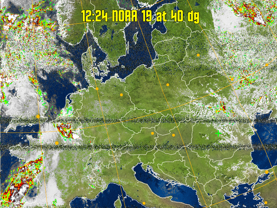 MSA-precip:
Same as MSA multispectral analysis, but high cold cloud tops are coloured the
same as the NO enhancement to give an approximate indication of the probability
and intensity of precipitation.