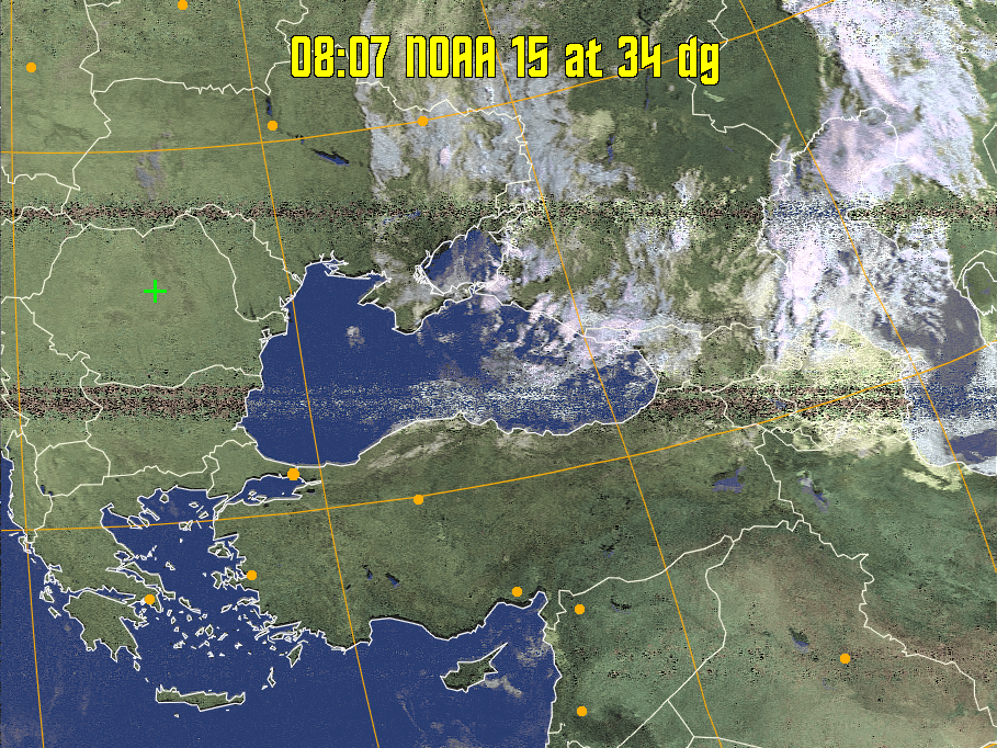 HVCT:
Similar to HVC, but with blue water and with colours more indicative of
land temperatures.
HVC:
Creates a false colour image from NOAA APT images based on temperature using
the HVC colour model. Uses the temperature derived from the sensor 4 image to
select the hue and the brightness from the histogram equalised other image to
select the value and chroma. The HVC colour model attempts to ensure that different colours at the same value will appear to the eye to be the same brightness
and the spacing between colours representing each degree will appear to the eye to
be similar. Bright areas are completely unsaturated in this model.