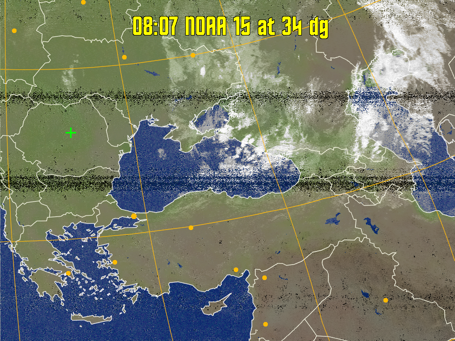 MCIR-precip: 
Colours the NOAA sensor 4 IR image using a map to colour the sea blue and land
green. High clouds appear white, lower clouds gray or land/sea coloured, clouds
generally appear lighter, but distinguishing between land/sea and low cloud may
be difficult. Darker colours indicate warmer regions.