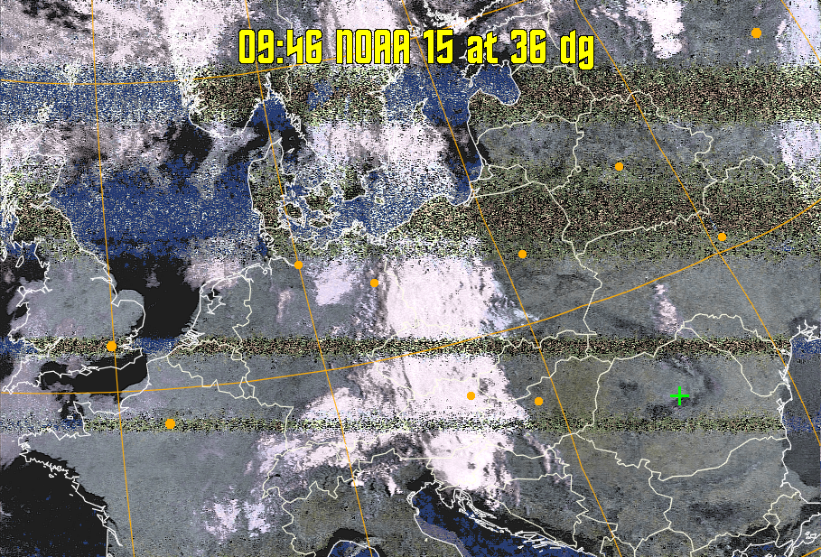 HVCT:
Similar to HVC, but with blue water and with colours more indicative of
land temperatures.
HVC:
Creates a false colour image from NOAA APT images based on temperature using
the HVC colour model. Uses the temperature derived from the sensor 4 image to
select the hue and the brightness from the histogram equalised other image to
select the value and chroma. The HVC colour model attempts to ensure that different colours at the same value will appear to the eye to be the same brightness
and the spacing between colours representing each degree will appear to the eye to
be similar. Bright areas are completely unsaturated in this model.