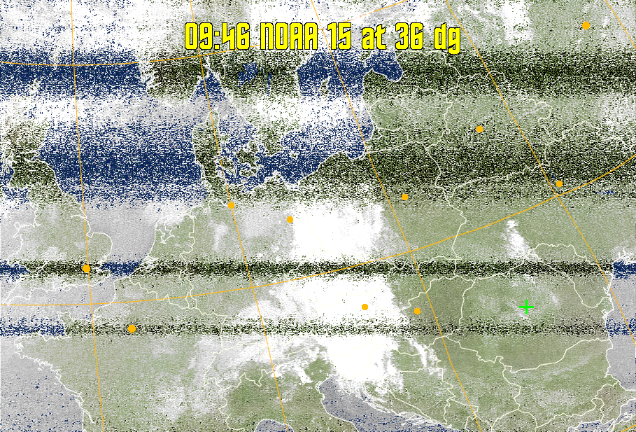 MCIR-precip: 
Colours the NOAA sensor 4 IR image using a map to colour the sea blue and land
green. High clouds appear white, lower clouds gray or land/sea coloured, clouds
generally appear lighter, but distinguishing between land/sea and low cloud may
be difficult. Darker colours indicate warmer regions.