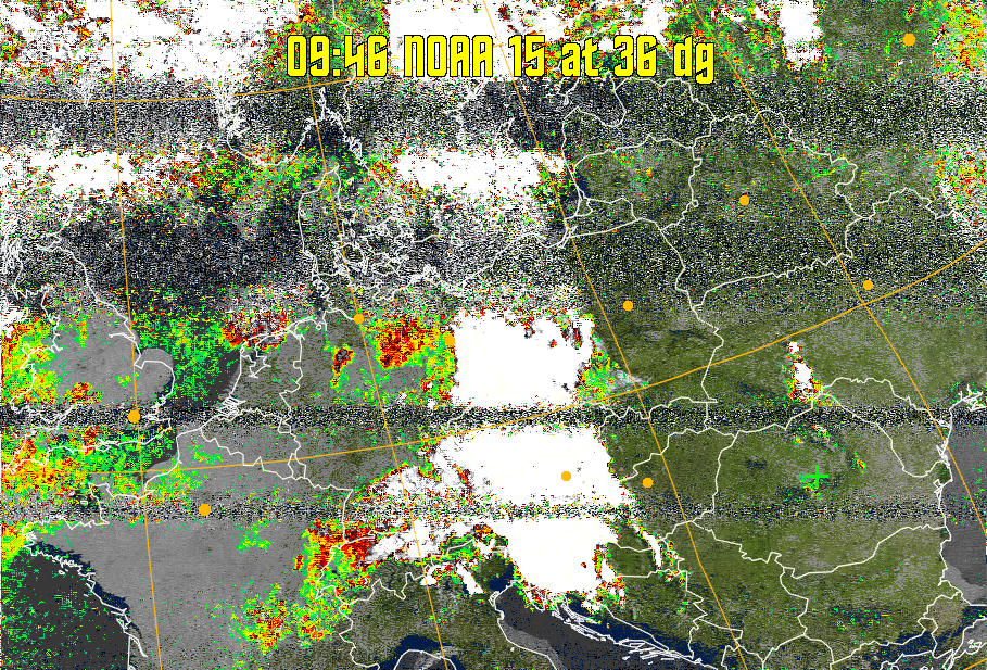 MSA-precip:
Same as MSA multispectral analysis, but high cold cloud tops are coloured the
same as the NO enhancement to give an approximate indication of the probability
and intensity of precipitation.