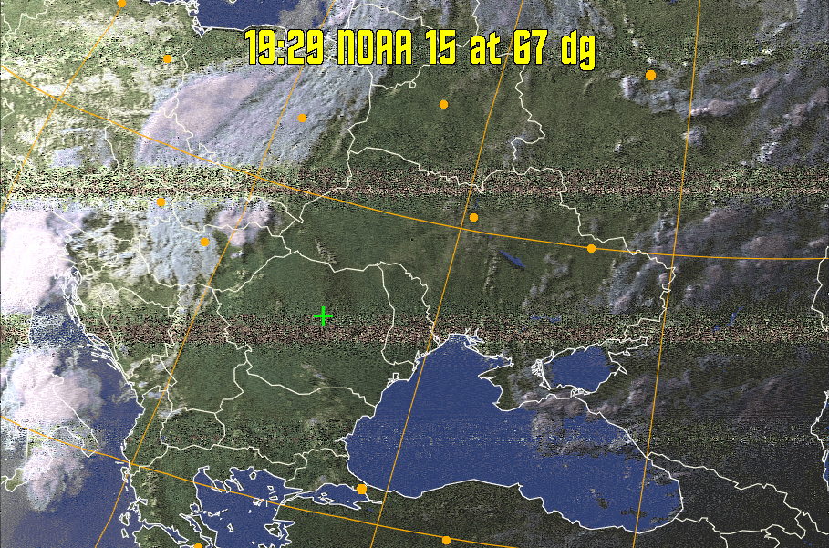 HVCT:
Similar to HVC, but with blue water and with colours more indicative of
land temperatures.
HVC:
Creates a false colour image from NOAA APT images based on temperature using
the HVC colour model. Uses the temperature derived from the sensor 4 image to
select the hue and the brightness from the histogram equalised other image to
select the value and chroma. The HVC colour model attempts to ensure that different colours at the same value will appear to the eye to be the same brightness
and the spacing between colours representing each degree will appear to the eye to
be similar. Bright areas are completely unsaturated in this model.