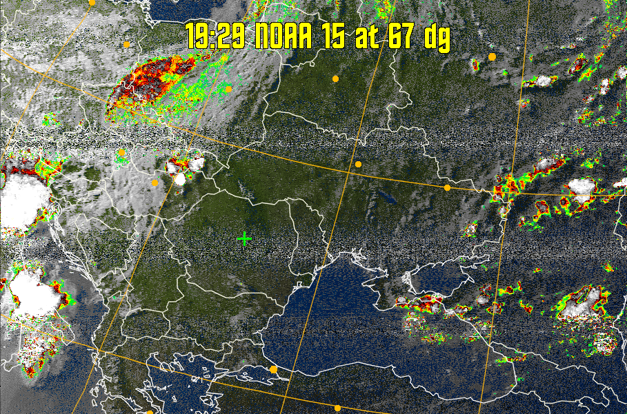 MSA-precip:
Same as MSA multispectral analysis, but high cold cloud tops are coloured the
same as the NO enhancement to give an approximate indication of the probability
and intensity of precipitation.