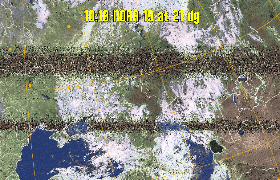 HVCT:
Similar to HVC, but with blue water and with colours more indicative of
land temperatures.
HVC:
Creates a false colour image from NOAA APT images based on temperature using
the HVC colour model. Uses the temperature derived from the sensor 4 image to
select the hue and the brightness from the histogram equalised other image to
select the value and chroma. The HVC colour model attempts to ensure that different colours at the same value will appear to the eye to be the same brightness
and the spacing between colours representing each degree will appear to the eye to
be similar. Bright areas are completely unsaturated in this model.